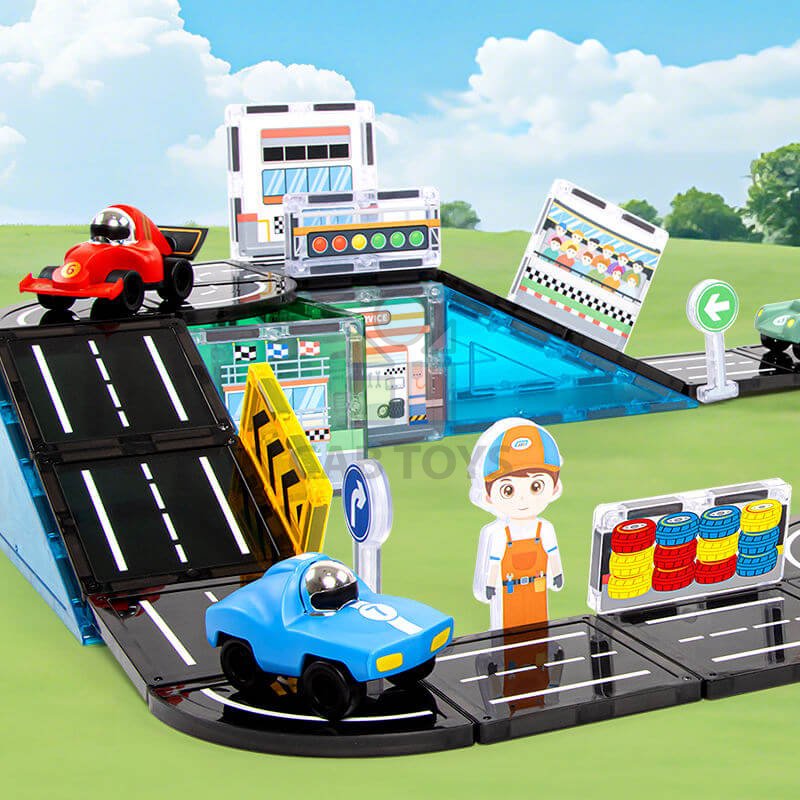 Magnetická stavebnice Racing Track Magnetic Tiles – závodní dráha, 75 ks