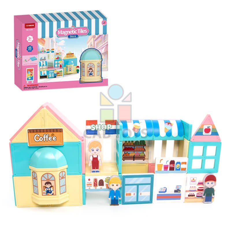 Magnetická stavebnice Store Magnetic Tiles – obchod a kavárna, 45 ks