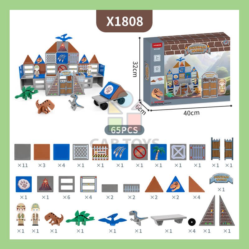 Magnetická stavebnica Dinosaur World Magnetic Tiles – dinosaurí park, 65 ks