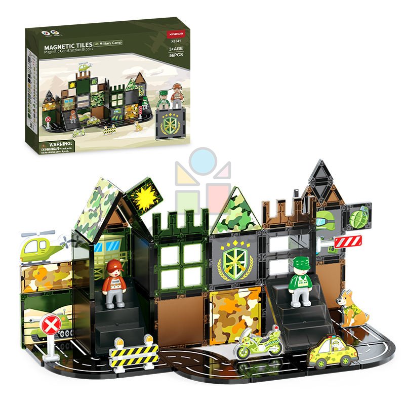 Magnetická stavebnice Military Camp Magnetic Tiles – vojenská základna, 56 ks
