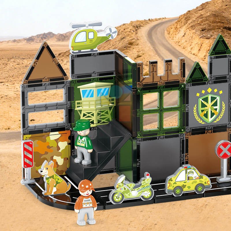 Magnetická stavebnice Military Camp Magnetic Tiles – vojenská základna, 56 ks