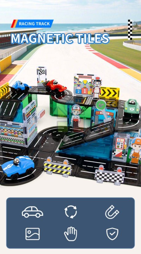 Magnetická stavebnice Racing Track Magnetic Tiles – závodní dráha, 75 ks