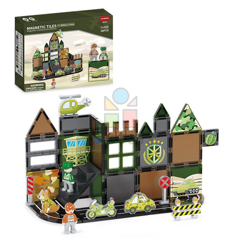 Magnetická stavebnice Military Camp Magnetic Tiles – vojenská základna, 38 ks