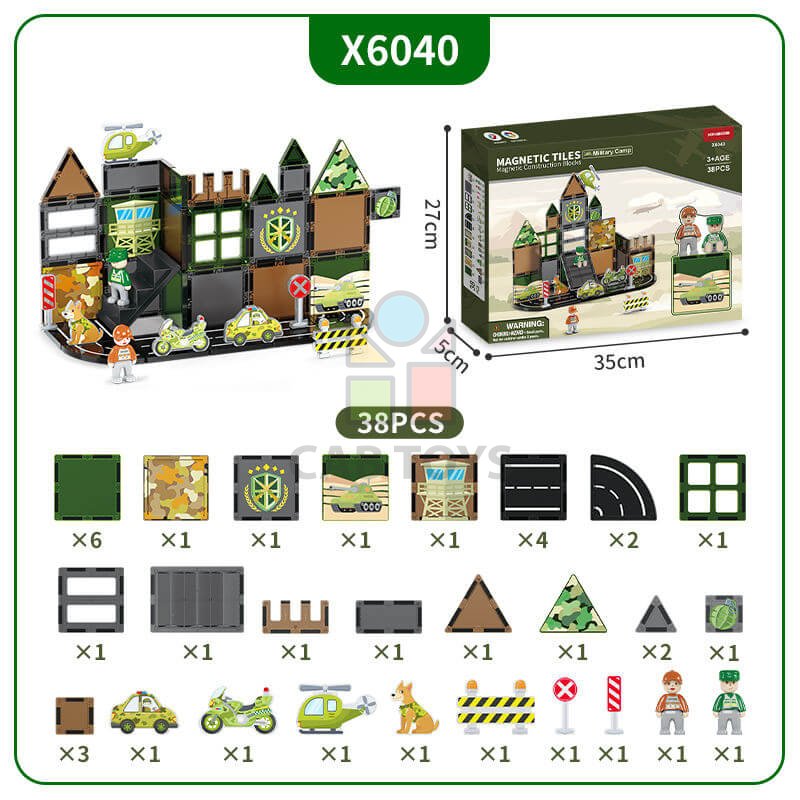 Magnetická stavebnice Military Camp Magnetic Tiles – vojenská základna, 38 ks