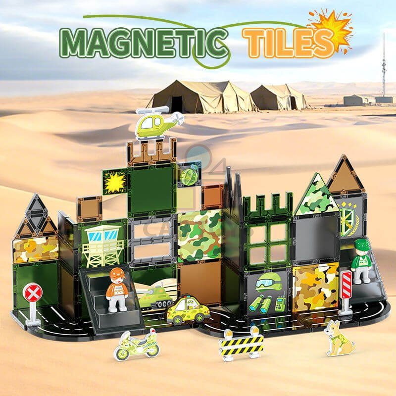 Magnetická stavebnice Military Camp Magnetic Tiles – vojenská základna, 38 ks