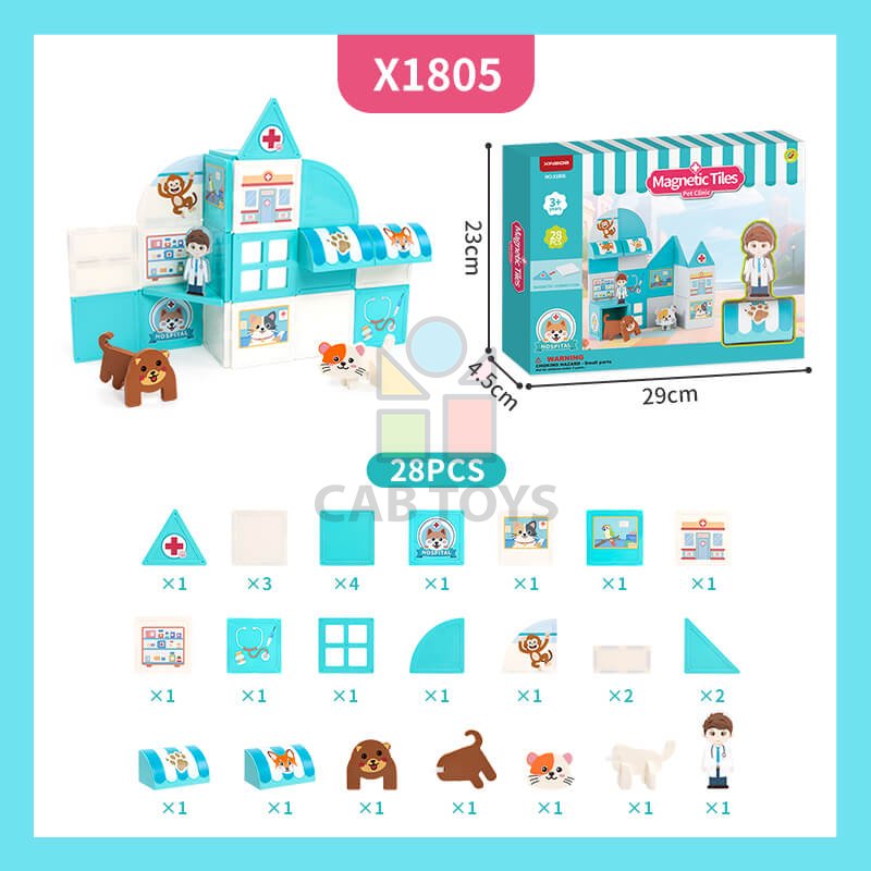 Magnetická stavebnice Pet Clinic Magnetic Tiles – veterinární klinika, 28 ks