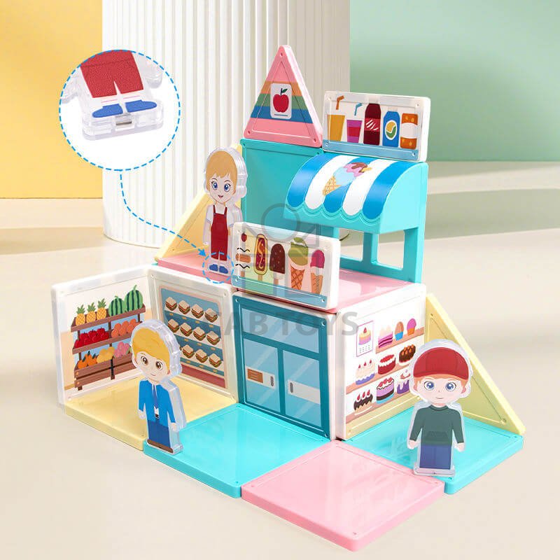 Magnetická stavebnice Store Magnetic Tiles – obchod a kavárna, 45 ks