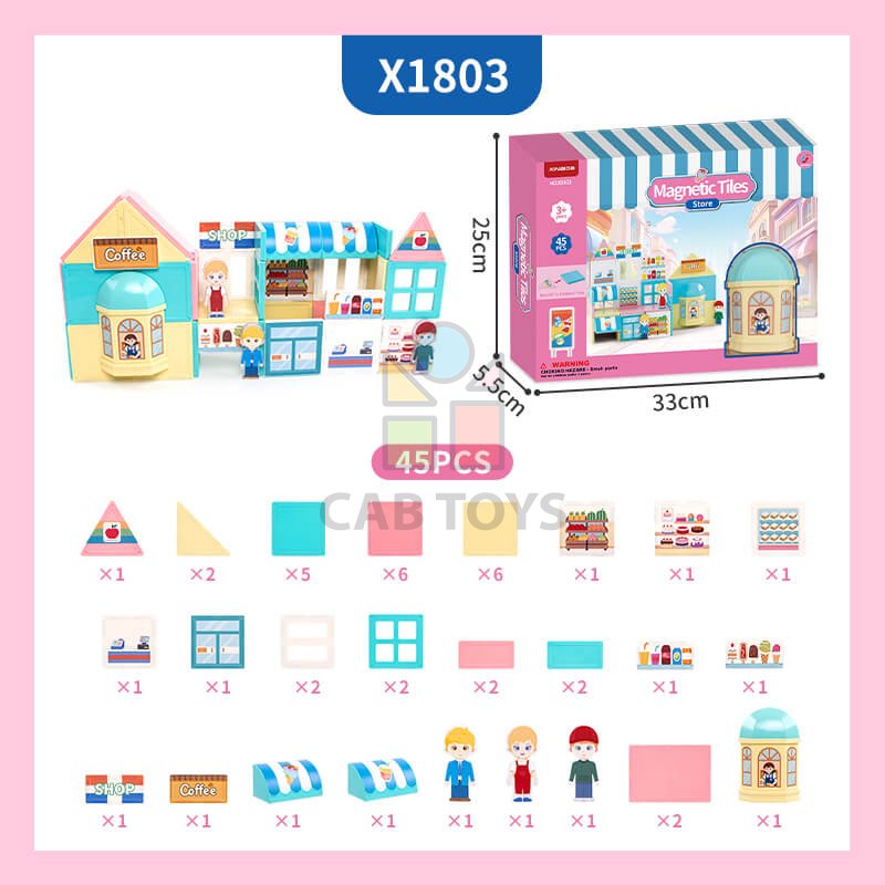 Magnetická stavebnice Store Magnetic Tiles – obchod a kavárna, 45 ks