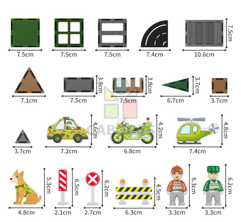 Magnetická stavebnice Military Camp Magnetic Tiles – vojenská základna, 56 ks