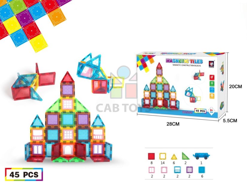 Magnetická stavebnice 45ks sada - Magnetic Tiles