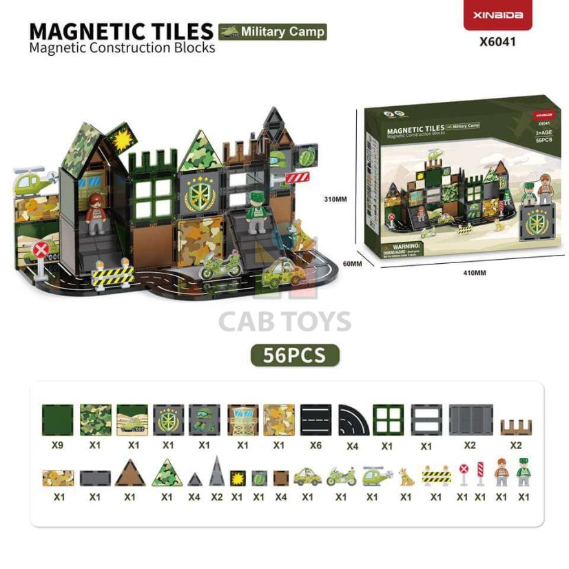 Magnetická stavebnice Military Camp Magnetic Tiles – vojenská základna, 56 ks